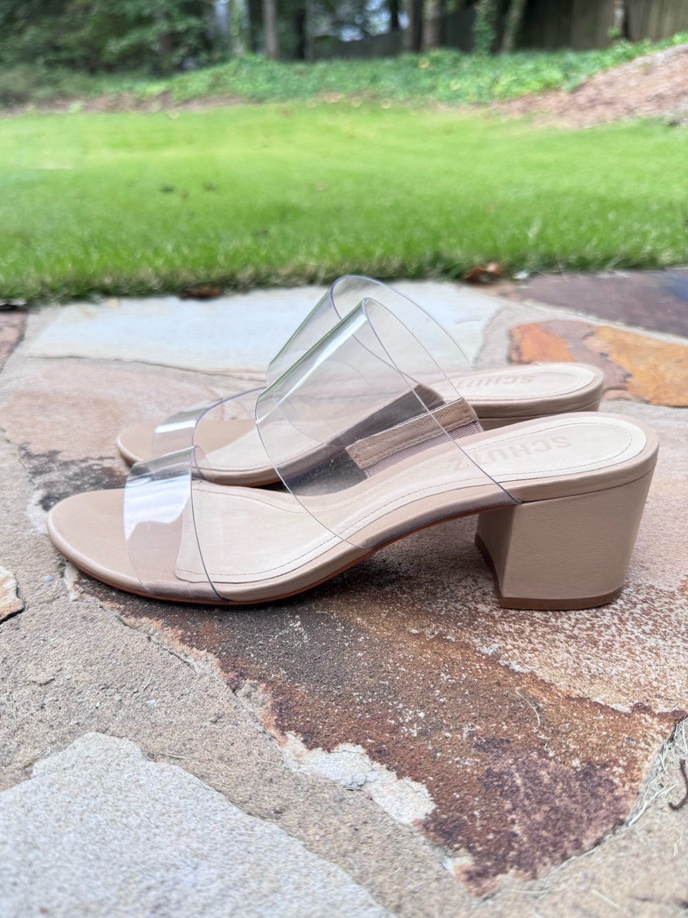 Schutz Victorie Clear Vinyl Nude Block Heel Sandals Size 7B with Dust Bag